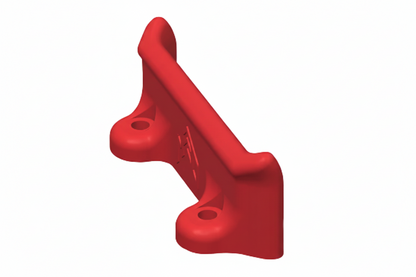 Neon green 3D printed heel rest support showing two mounting tabs with bolt holes and embossed logo on a gray grid background
