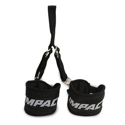 Black Impact padded arm restraint cuffs with white IMPACT logo, foam padding and central adjustment hardware on a white background