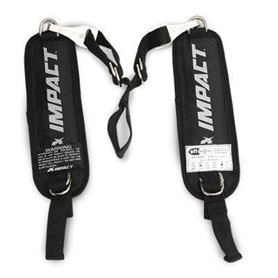Black Impact padded arm restraints laid flat showing full webbing straps, metal buckles, D-rings and warning labels on a white background