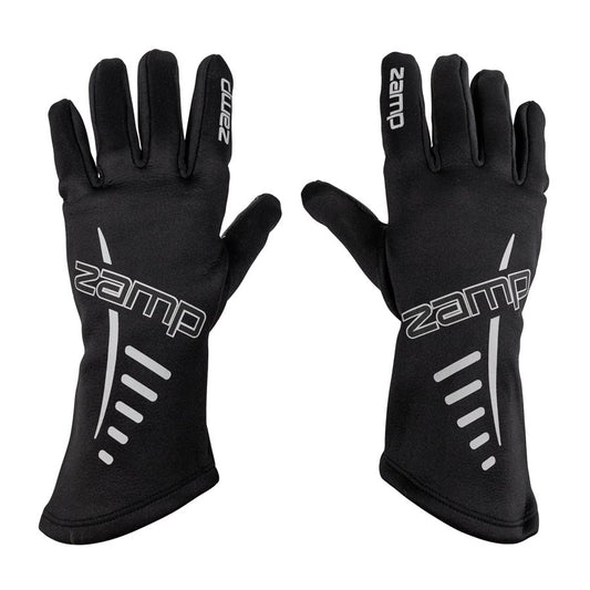 Black Zamp ZK-20 kart racing gloves back of hand view with white logo and vertical wrist graphic on a white background
