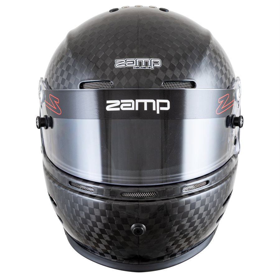 Front view of Zamp RZ-66C carbon kart racing helmet with visor down displaying logos, crown vents and centered hydration port on a white background