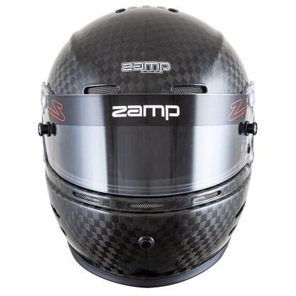 Front view of Zamp RZ-66C carbon kart racing helmet with visor down displaying logos, crown vents and centered hydration port on a white background