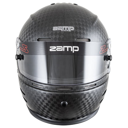 Head-on front shot of Zamp RZ-66C carbon helmet showing vent symmetry, cheek pad area and shell flow around the eye opening on a white background