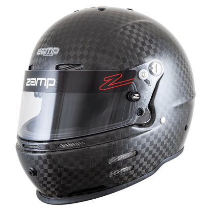 Zamp RZ-66C carbon kart racing helmet side profile showing clear visor, red graphic, side vents and pivot mechanism on a white background