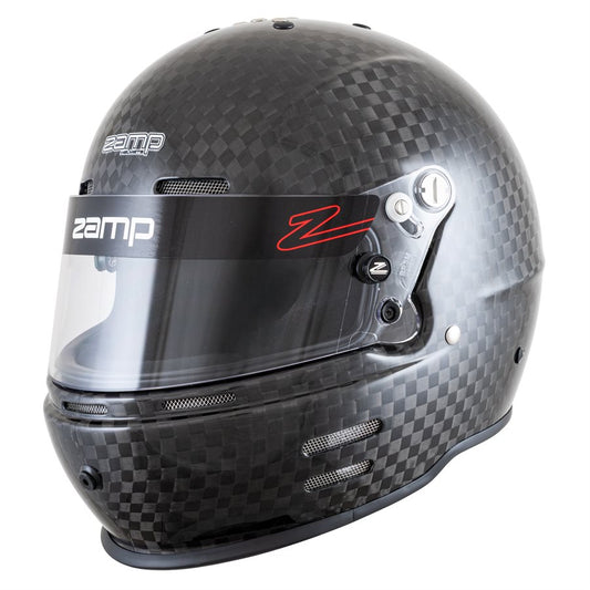 Zamp RZ-66C carbon kart racing helmet side profile showing clear visor, red graphic, side vents and pivot mechanism on a white background