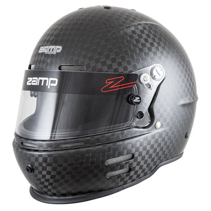 Zamp RZ-66C carbon fiber kart helmet rotated side view highlighting weave pattern, lower chin vents and aerodynamic shaping on a white background