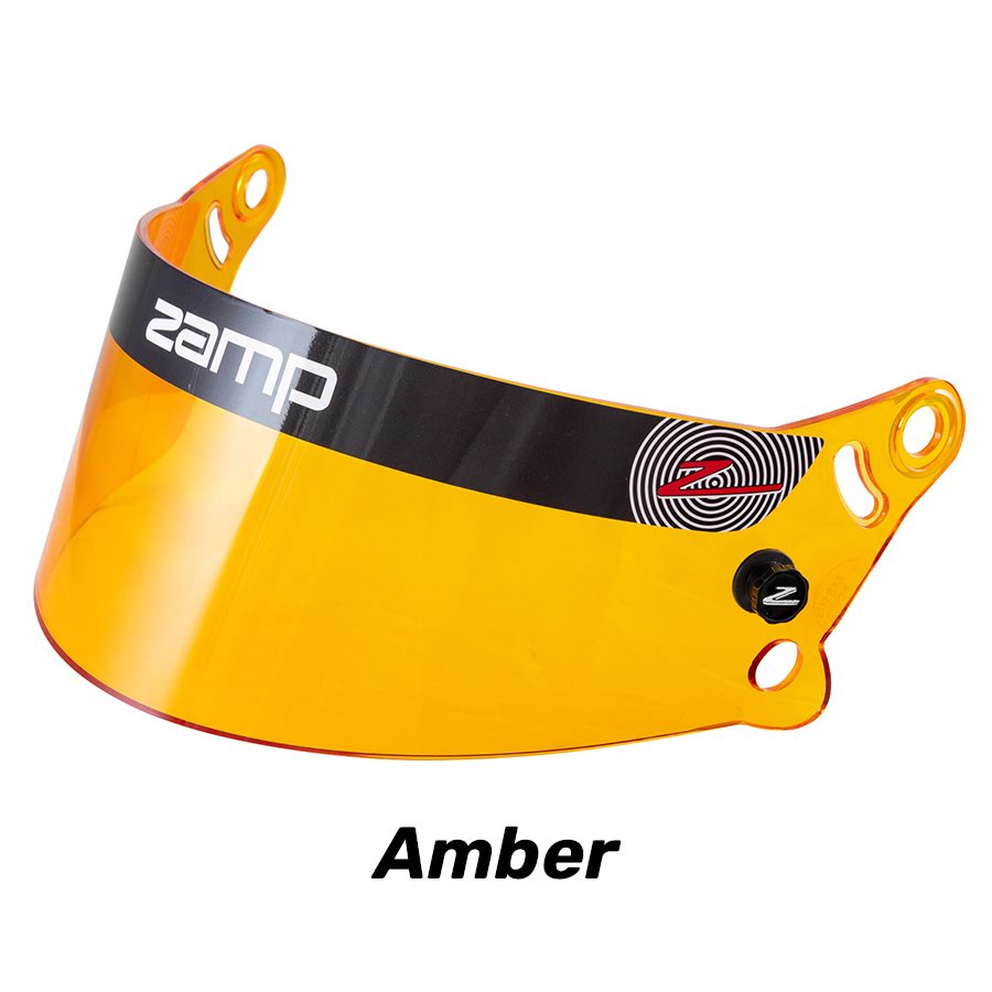 Amber Z-20 Auto Shield with orange tint, black top band with zamp logo and black pivot knob on a white background