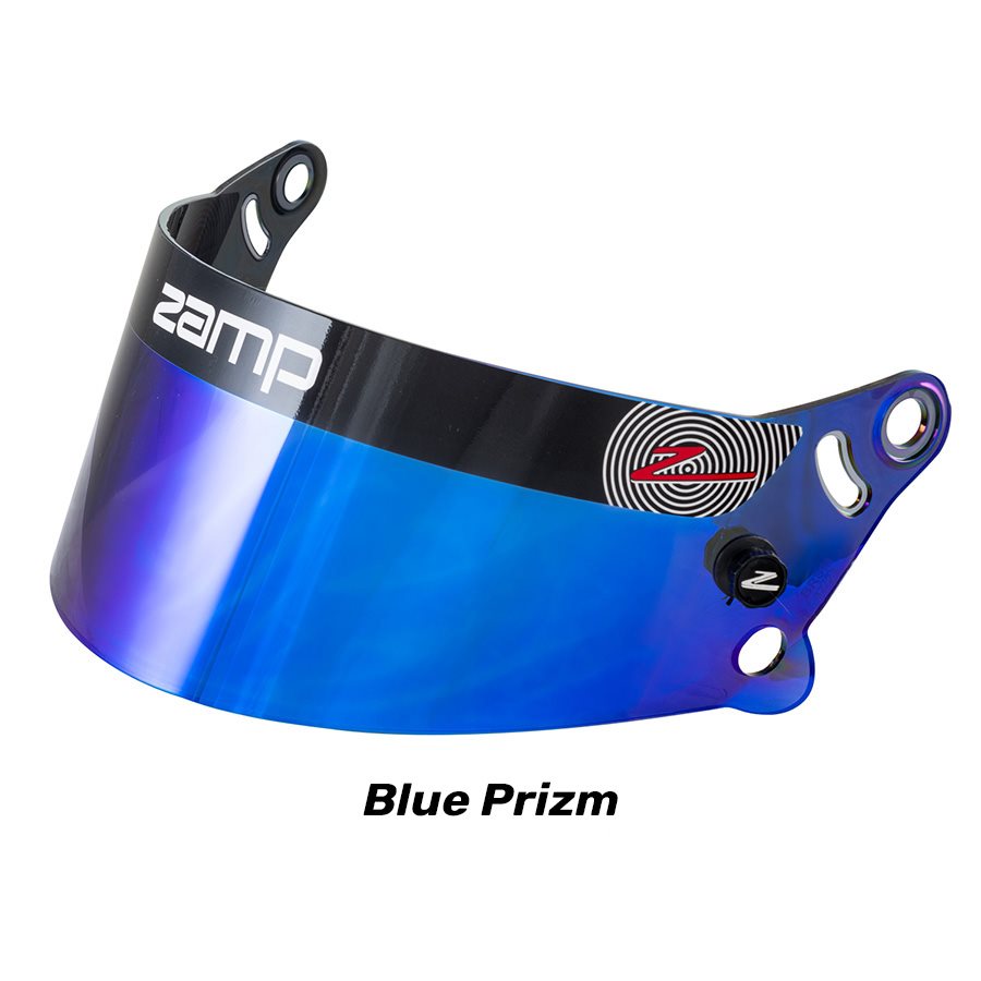 Blue Prizm Z-20 Auto Shield with vibrant blue mirrored finish, Z logo and attachment hardware on a white background