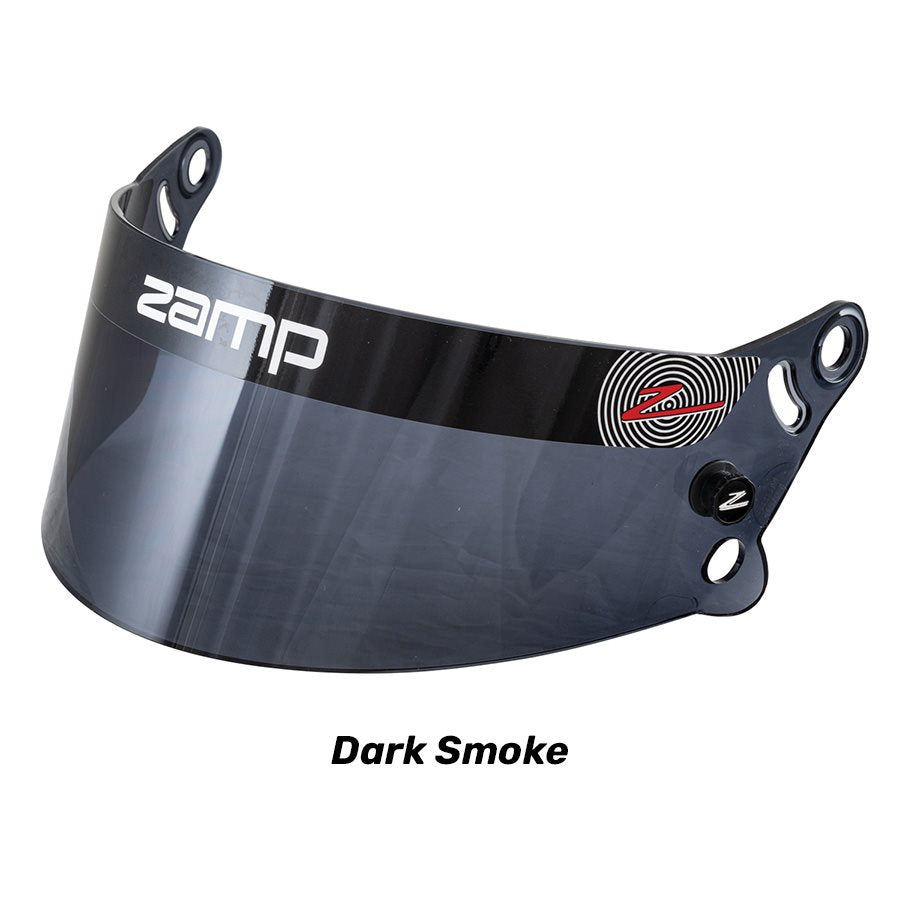 Dark Smoke Z-20 Auto Shield with tinted lens, zamp branding and side mounting points on a white background