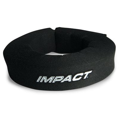 Black Impact helmet support shown as a thick C-shaped foam collar covered in durable woven fabric, with the IMPACT logo in reflective silver lettering across the outer curve on a white background