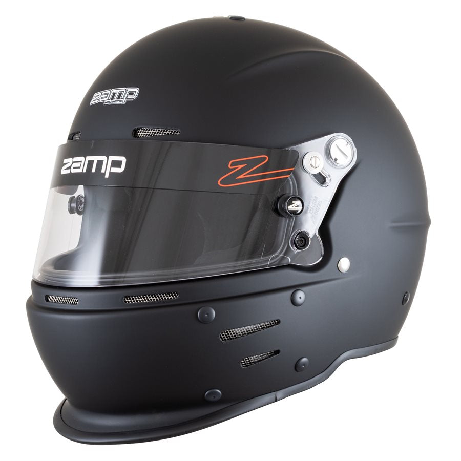 Matte black Zamp RZ-63S kart racing helmet side view highlighting clear visor, orange Z graphic and visor hardware on a white background