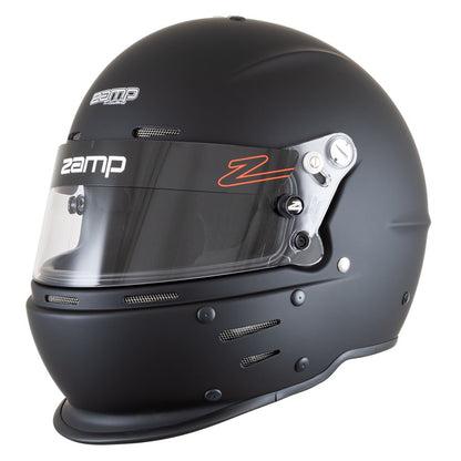 Matte black Zamp RZ-63S kart racing helmet side view highlighting clear visor, orange Z graphic and visor hardware on a white background