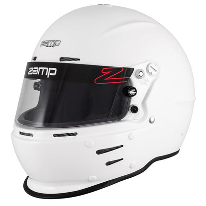 White Zamp RZ-63S aramid kart racing helmet in front three-quarter view with black visor band, red Z logo and mesh vents on a white background