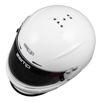 White Zamp RZ-63S aramid kart racing helmet overhead view displaying top ventilation layout and glossy aerodynamic contours on a white background
