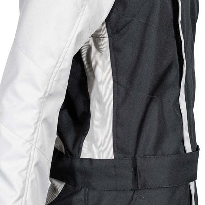 Side detail of ZK-40 kart race suit showing white quilted sleeve, mesh lining at armhole, white piping and adjustable black waist belt on a white background