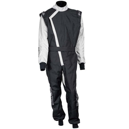 ZK-40 adult kart race suit in black and silver front view on mannequin showing angled white stripe and full length design with cuffs on a white background