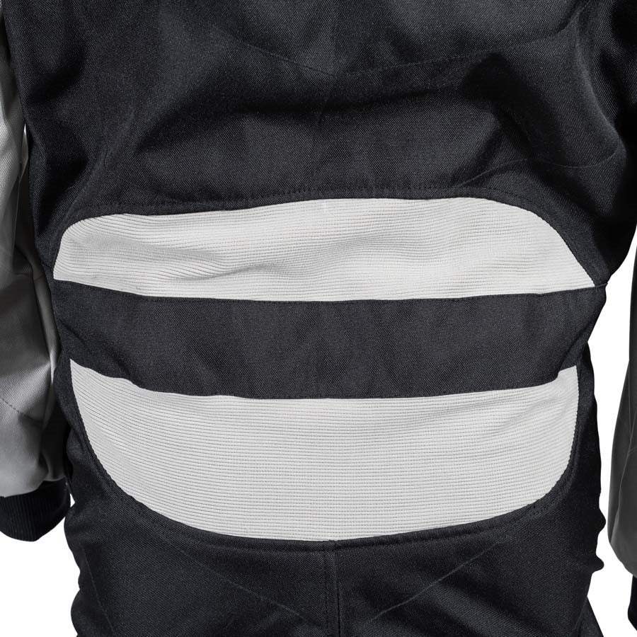 Close-up of ZK-40 kart race suit lower back area focusing on two wide ribbed white stretch panels on a white background