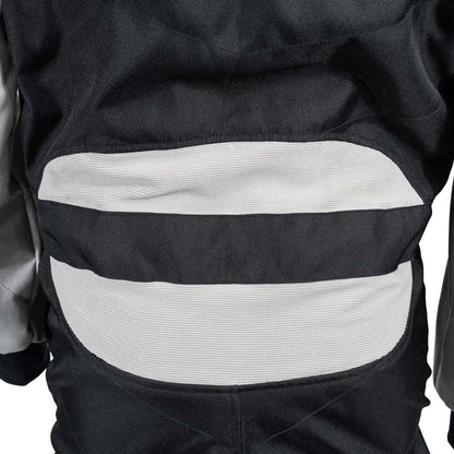 Close-up of ZK-40 kart race suit lower back area focusing on two wide ribbed white stretch panels on a white background
