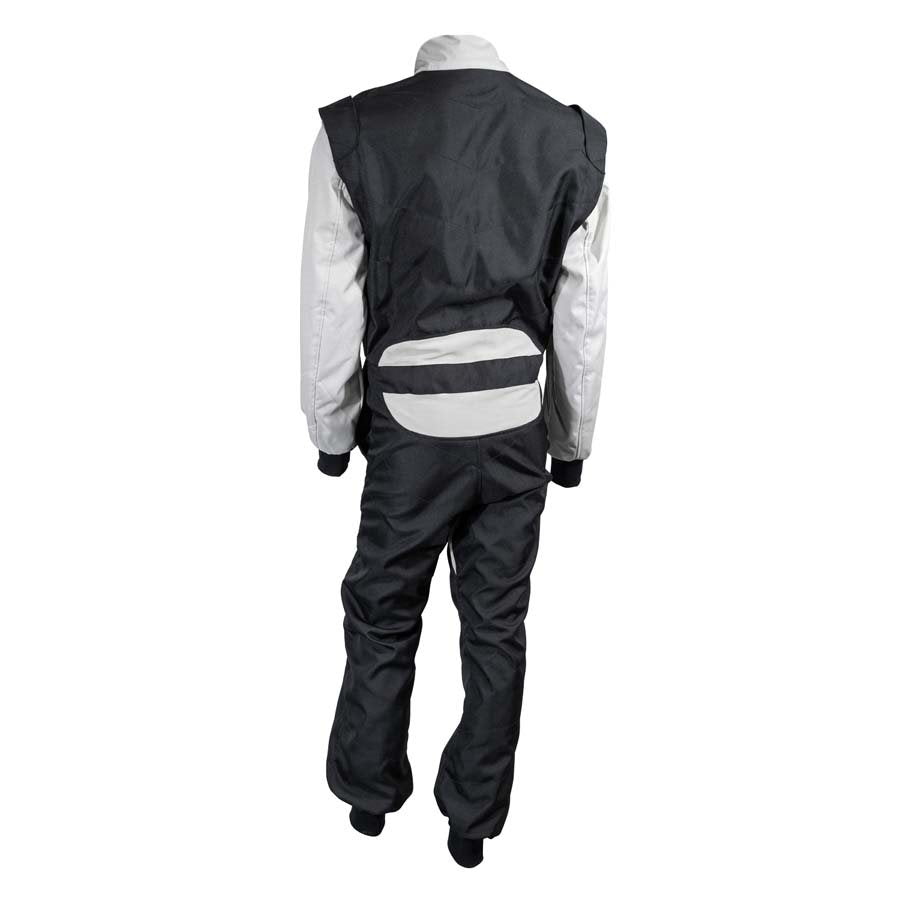 ZK-40 kart racing suit in black and silver rear view highlighting broad horizontal white stretch panels across lower back on a white background