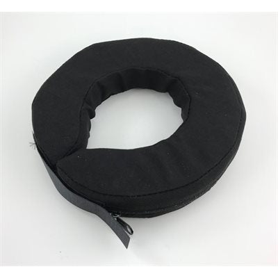 Black padded youth 360 helmet support with stitching, foam fill, and zipper pull tab on a white background