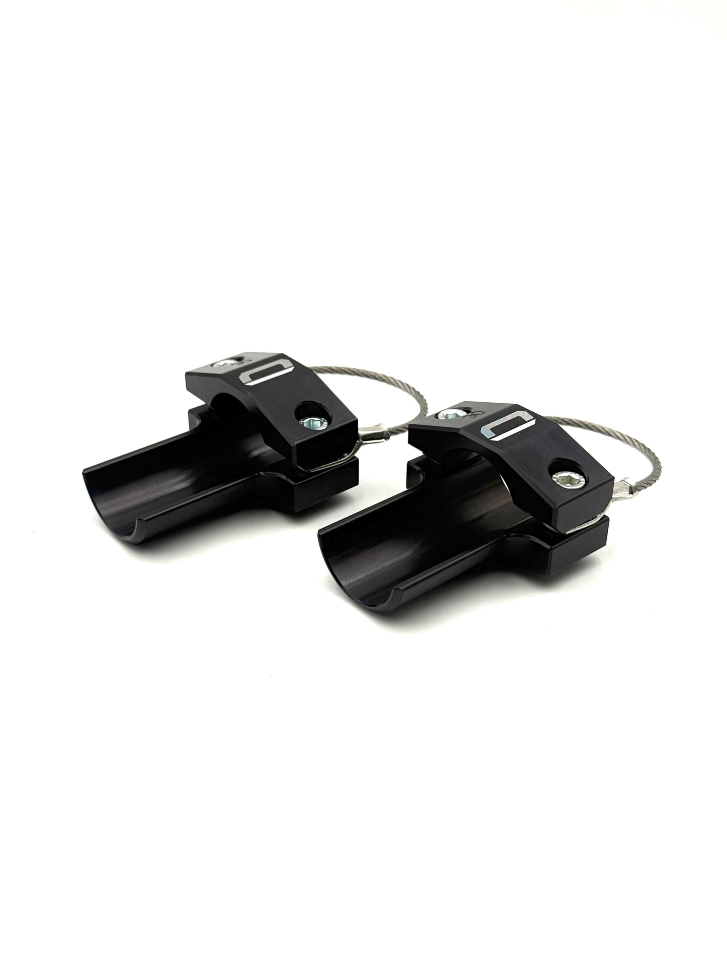 Black EZBR rear bumper safety clamps with stainless steel cable loop and machined shape on a white background