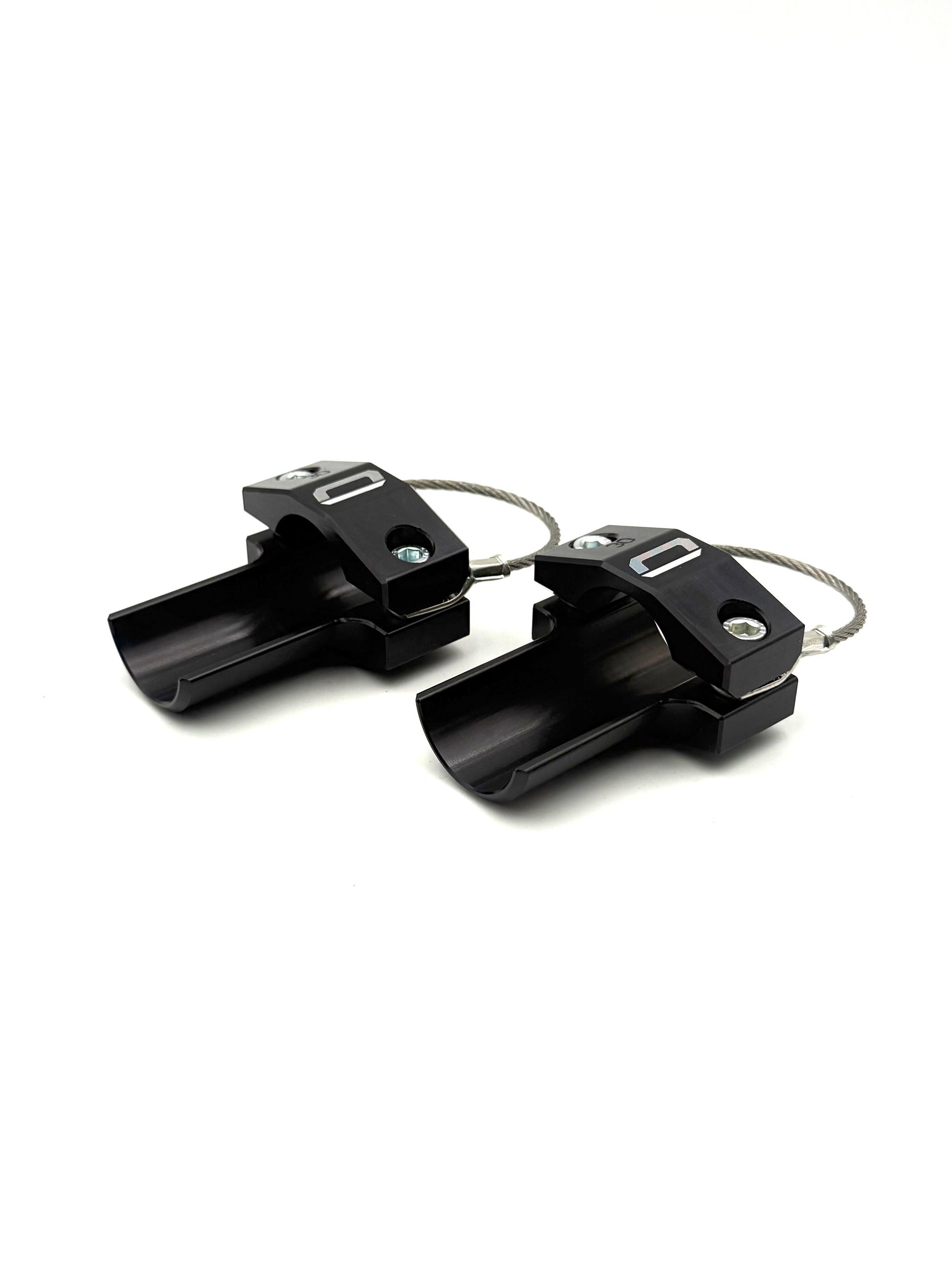 Black EZBR rear bumper safety clamps with stainless steel cable loop and machined shape on a white background