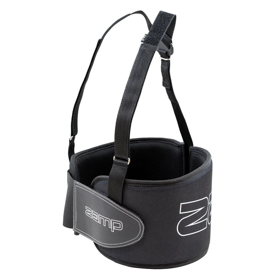 Angled view of black Zamp rib protector highlighting side adjustment strap and curved padded profile on a white background