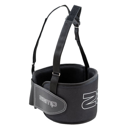 Angled view of black Zamp rib protector highlighting side adjustment strap and curved padded profile on a white background