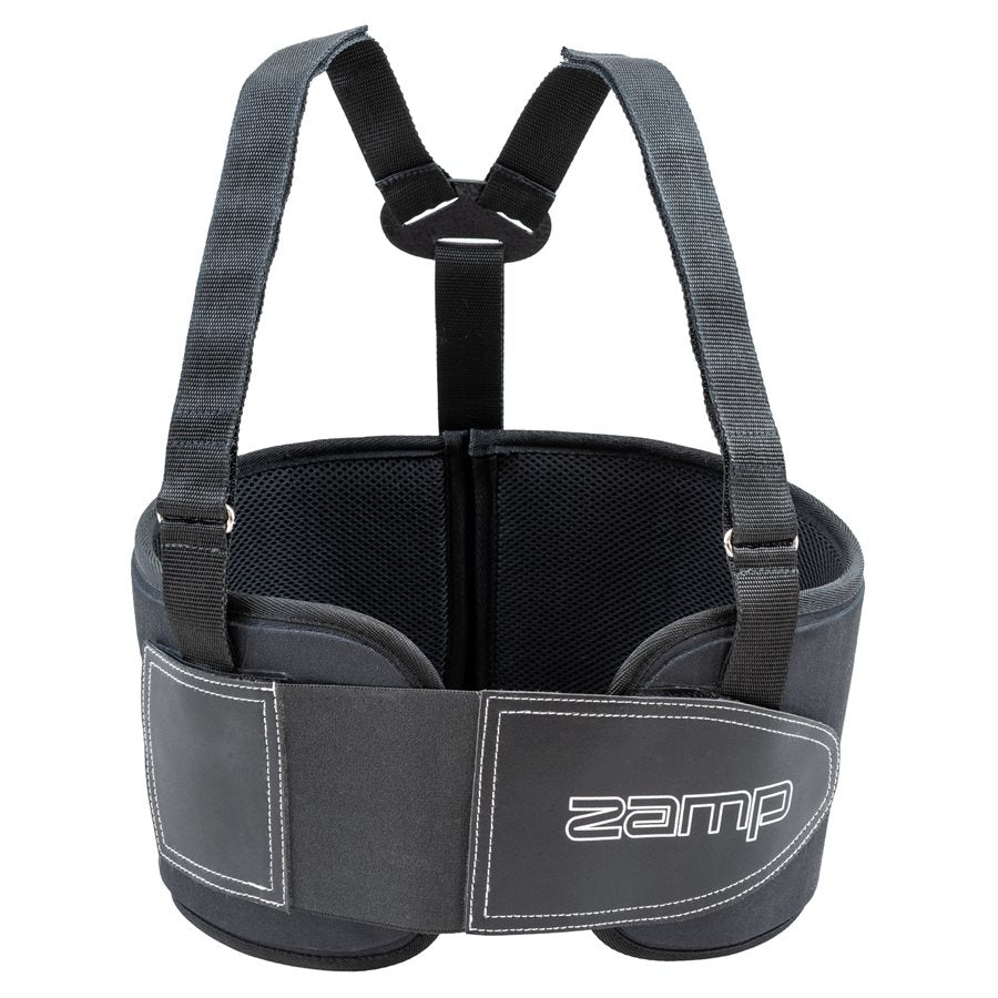 Front view of black Zamp rib protector showing mesh interior white stitching and logo on a white background