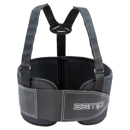 Front view of black Zamp rib protector showing mesh interior white stitching and logo on a white background