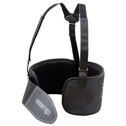 Side and partial rear view of black Zamp rib protector displaying logo on adjustable flap breathable mesh and harness points on a white background