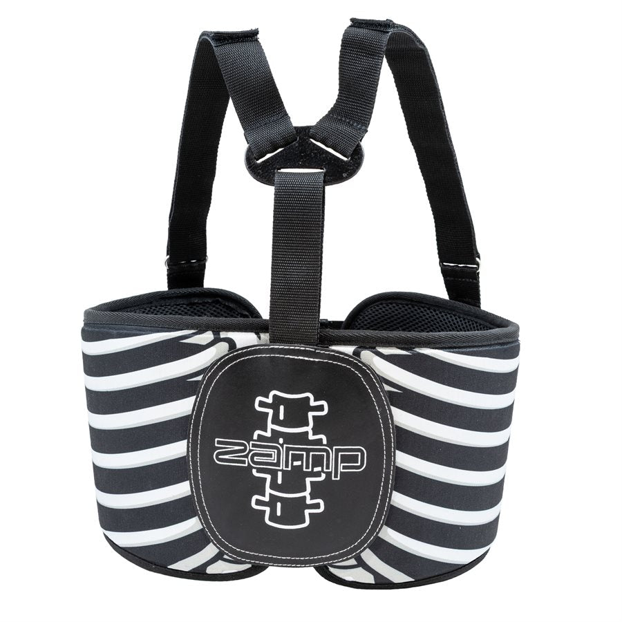 Front view of bones graphics Zamp rib protector with black and white stripes and central kart logo on a white background