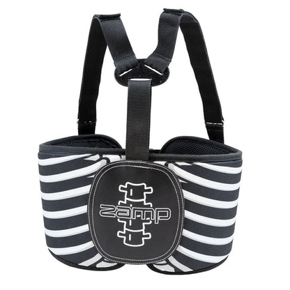 Front view of bones graphics Zamp rib protector with black and white stripes and central kart logo on a white background