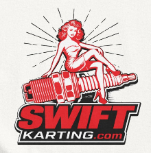 Close-up of lady on spark plug graphic on SwiftKarting.com karting apparel t-shirt