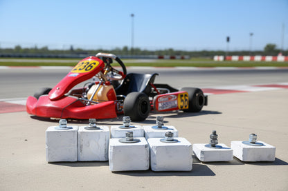 Pre-drilled lead weight with bolt and washers installed for karting ballast