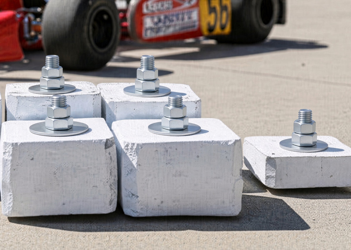 Pre-drilled lead weight with bolt and washers installed for karting ballast. Ballast is painted white, there is 4 larger ballast on the left that are 5 lb each give or take 0.2/lb and on the right those are 2 lb give or take .2/lb each. They all have bolts in them, with washers, and double nutted. In the background you can see a partial kart with red body work.