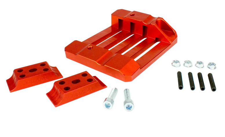 Red anodized LO206 Code Red one-piece engine mount with matching red clamps, silver bolts, black standoffs and locknuts laid out on white background