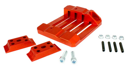 Red anodized LO206 Code Red one-piece engine mount with matching red clamps, silver bolts, black standoffs and locknuts laid out on white background