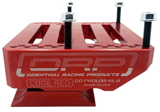 Close-up detail of red anodized Code Red engine mount engraving showing ORP Odenthal Racing Products logo, CODE RED badge, part number OD-PROLOW4S-8 and Made in USA on white background
