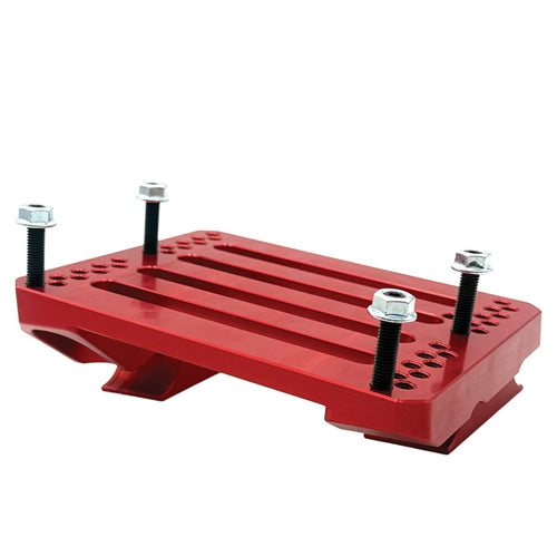 Side profile view of low-height red angled LO206 Code Red engine mount with full hardware installed on white background