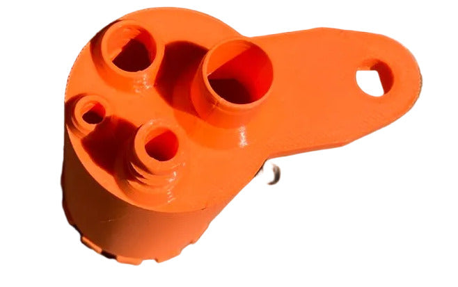 Top view of the lo206 overflow tank, shows 4 holes in the top and the mounting bracket, and is orange in color on a white background.