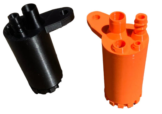 Two cylinders that are overflow tanks that show a bracket that mounts to the side of a LO206 engine, on a white background. Two different color tanks, one is black one is orange.