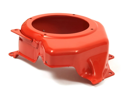 A bright orange painted metal engine cover or shroud component, photographed on a clean white background.