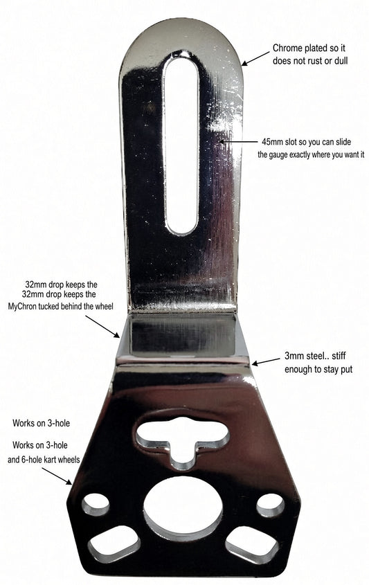 A metal wheel alignment gauge with overlaid callout lines and text explaining features such as chrome plating, 45mm slot, 32mm drop, and 3mm steel thickness, on a plain white background.