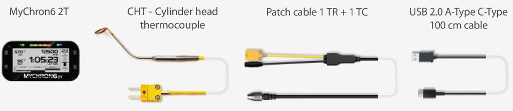 AiM MyChron 6 2T Kit 1 XM62TCHT11 contents: MyChron 6 2T data logger, CHT Mignon thermocouple, 1 TR + 1 TC patch cable, and USB 2.0 A-Type to C-Type 100 cm cable for kart racing on a white background
