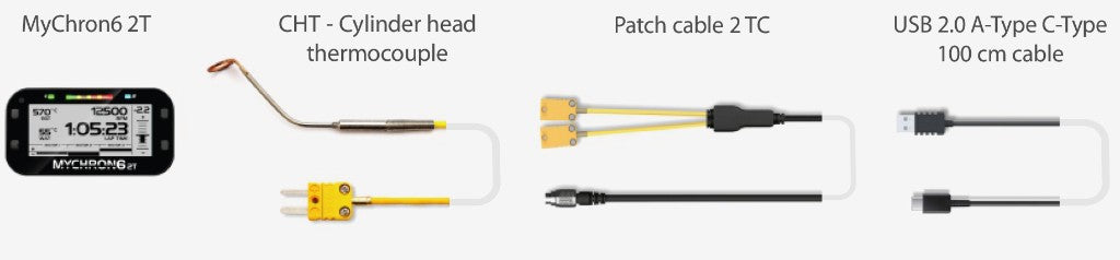 AiM MyChron 6 2T Kit 2 XM62TCHT07 contents: MyChron 6 2T data logger, CHT Mignon thermocouple, 2 TC patch cable, and USB 2.0 A-Type to C-Type 100 cm cable for kart racing on a white background