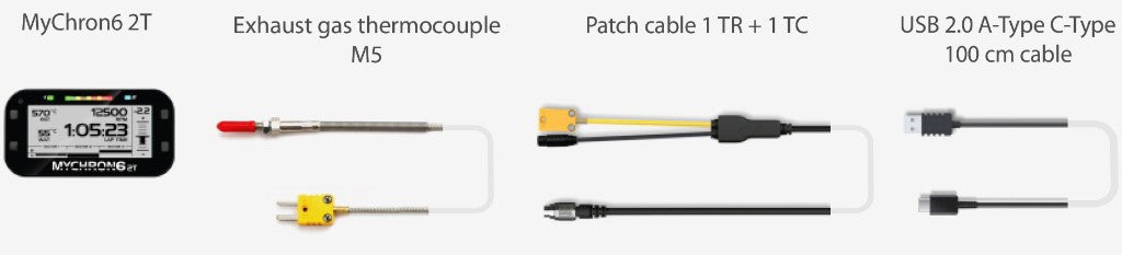 AiM MyChron 6 2T Kit 3 XM62TEGT11 contents: MyChron 6 2T data logger, EGT M5 thermocouple, 1 TR + 1 TC patch cable, and USB 2.0 A-Type to C-Type 100 cm cable for kart racing on a white background