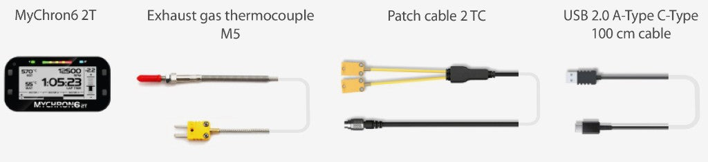 AiM MyChron 6 2T Kit 4 XM62TEGT07 contents: MyChron 6 2T data logger, EGT M5 thermocouple, 2 TC patch cable, and USB 2.0 A-Type to C-Type 100 cm cable for kart racing on a white background