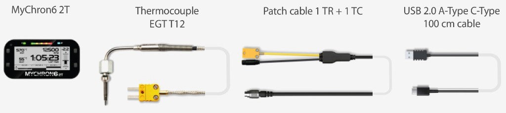 AiM MyChron 6 2T Kit 5 XM62TT1211 contents: MyChron 6 2T data logger, EGT T-12 thermocouple, 1 TR + 1 TC patch cable, and USB 2.0 A-Type to C-Type 100 cm cable for kart racing on a white background