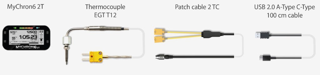 AiM MyChron 6 2T Kit 6 XM62TT1207 contents: MyChron 6 2T data logger, EGT T-12 thermocouple, 2 TC patch cable, and USB 2.0 A-Type to C-Type 100 cm cable for kart racing on a white background
